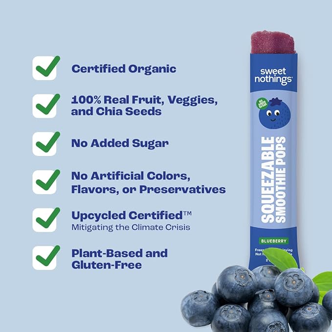 Sweet Nothings, Blueberry, USDA Organic Kids' Squeezable Super Fruit Smoothie Freezie Pops, Value Pack of 24 - Dye-Free, No Added Sugar, Dairy-Free, Vegan, Healthy Organic Fruit and Veggie Pops, Freeze & Enjoy