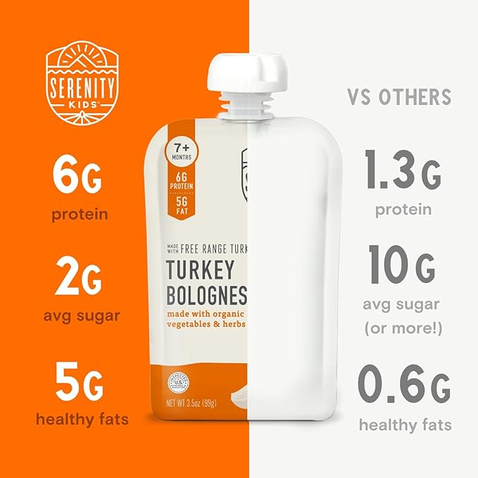 Serenity Kids Bone Broth Puree Made With Organic Veggies | Clean Label Project Purity Award Certified | 3.5 Ounce BPA-Free Pouch | Free Range Turkey Bolognese | 1 Count