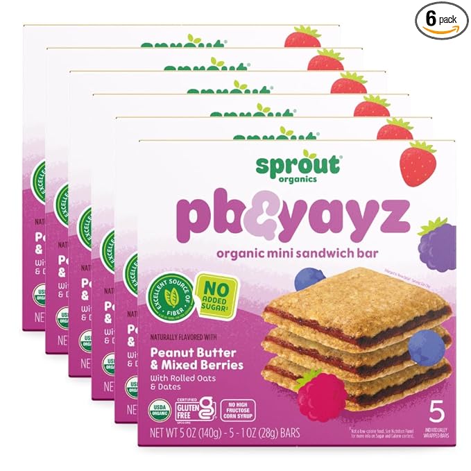 Sprout Organics, PB & Yayz Toddler Snack Bars, Mixed Berry & Peanut Butter, 5 Individual Bars 1 oz Each (6-boxes)