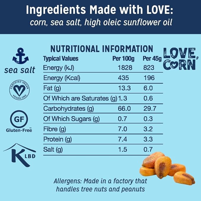 LOVE CORN Sea Salt 16oz x 1 Bag - Delicious Crunchy Corn - Healthy Family Snacks - Gluten Free, Kosher, Non-GMO- Alternative for Chips, Nuts, Crackers & Pretzels - Perfect for Charcuterie Boards