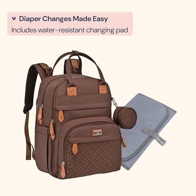 BabbleRoo Diaper Bag Backpack - Baby Essentials Travel Tote - Multi Function Water Resistant Diaper Bag, Travel Essentials Baby Bag with Changing Pad, Stroller Straps & Pacifier Case - Unisex, Brown