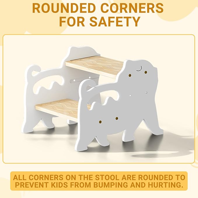 COSYLAND Kids Step Stool for Bathroom Height Adjustable - Lovely Cat Potty Training Stools for Toddlers - Wooden Stepping Stool with Handle for Bathroom Sink (Natural & White)