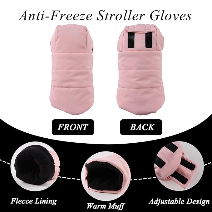 Zsedrut Stroller Gloves Universal Winter Anti-Freeze Stroller Mittens Water Repellent Hand Warmer Muff Fleece Lined,Winter Stroller Accessories (Pink)