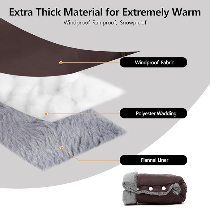 Baby Stroller Gloves, Extra Thick Stroller Hand Muff Winter Waterproof Stroller Mittens Universal Anti-Freeze Gloves for Parents Caregivers Carriage (Coffee)