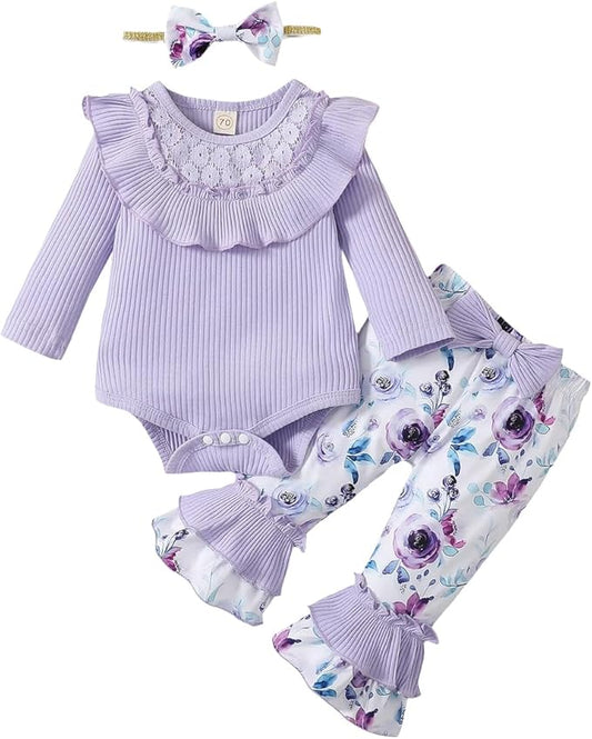Newborn Baby Girl Clothes Infant Girl Outfits Long Sleeve Ruffle Romper + Floral Pants + Headband Set