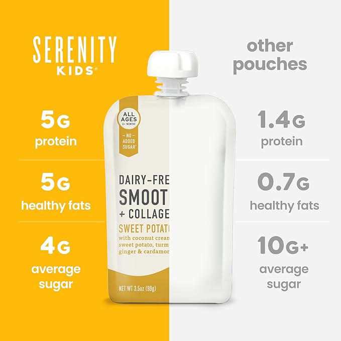 Serenity Kids 6+ Months Dairy-Free Organic Baby Food Smoothie Pouch - BPA-Free & Grass-Fed Collagen Protein Smoothie - 3.5 Oz, 12 Pack
