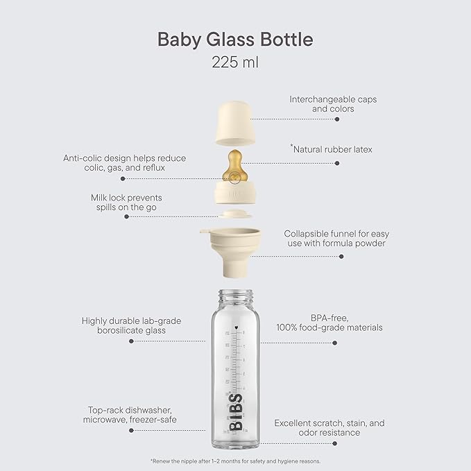 BIBS Baby Glass Bottle Complete Set 225 ml | BPA Free Natural Rubber | Made in Denmark | Ivory