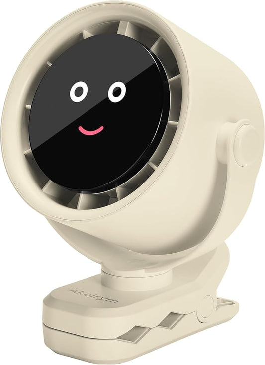 Clip on Fan for Bed, Portable Fan for Travel, Small Powerful 5 Speed Quiet 360° Rotate, Air Turbo Tech & Digital display, For Home Office Stroller Camping (Rice White)