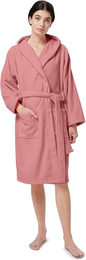 SIORO Womens Hooded Terry Cloth Robe, Cotton Absorbent Knee-Length Bathrobe, Housecoat with Pockets for Spa & Shower