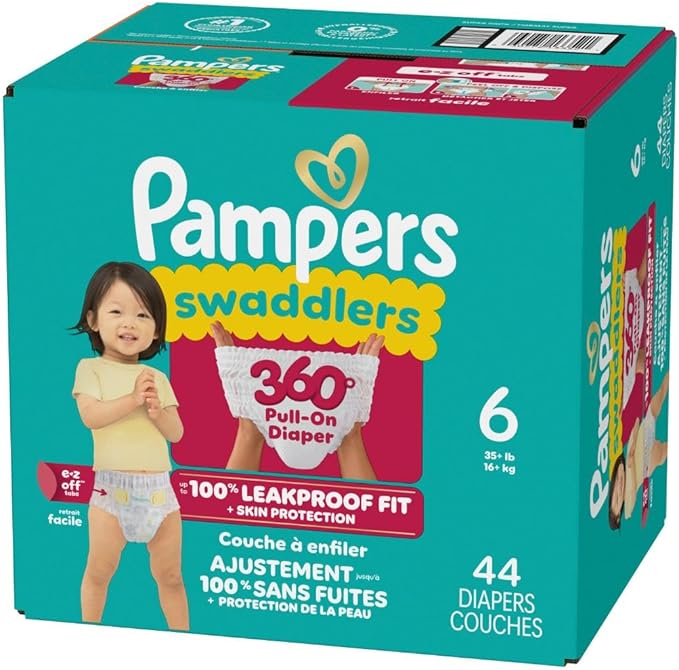 Pampers Diapers - Swaddlers 360° - Size 6, 44 Count, up to 100% Leakproof Comfy Dry Fit, Designed for Easy Changes, Pull On Baby Diaper (Packaging May Vary)
