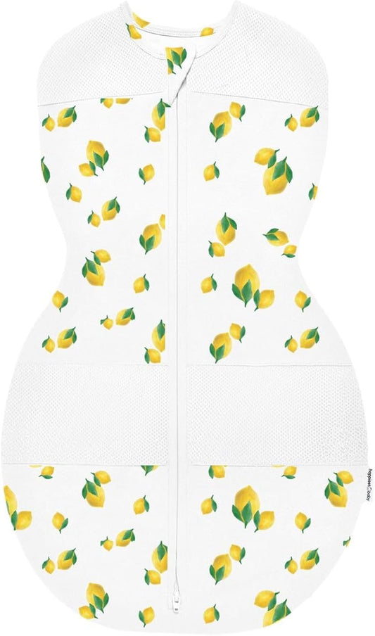 Happiest Baby Sleepea 5-Second Swaddle - 100% Organic Cotton Baby Swaddle Blanket - Doctor Designed Promotes Healthy Hip Development (Ivory Lemons, Large)