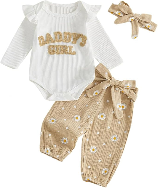 Tsnbre Newborn Baby Girl Outfits Daddys Girls Ruffle Long Sleeve Romper Top Pants Headband Infant Fall Winter Clothes