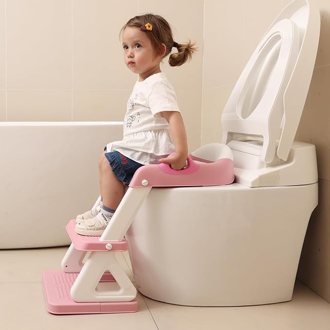 Potty Training Toilet Seat with Step Stool Ladder for Boys and Girls, 2 in 1 Potty Training Toilet, Splash Guard Anti-Slip Pad Step Stool （Pink) Pedal Upgrade
