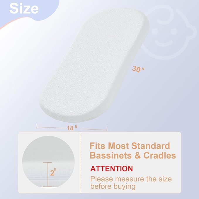 NeoBorn Baby Bassinet Mattress Pad, 30" x 18" Dual Sided Comfort Gel Memory Foam Mattress with Removable Soft Tencel Cover Fit for Halo Bassinest Swivel/Flex/Glide/Premiere/Luxe Series Sleeper