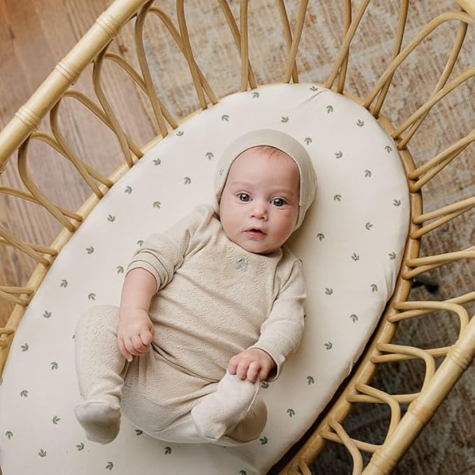 Ely’s & Co. Bassinet Sheets, Baby Boy/Girl Fitted Bassinet Mattress Sheet Set - 2 Pack, 100% Jersey Knit Cotton, fits Oval, Hourglass and Rectangle Mattress, Sage Vintage Leaf Collection, 32”x16”x3”