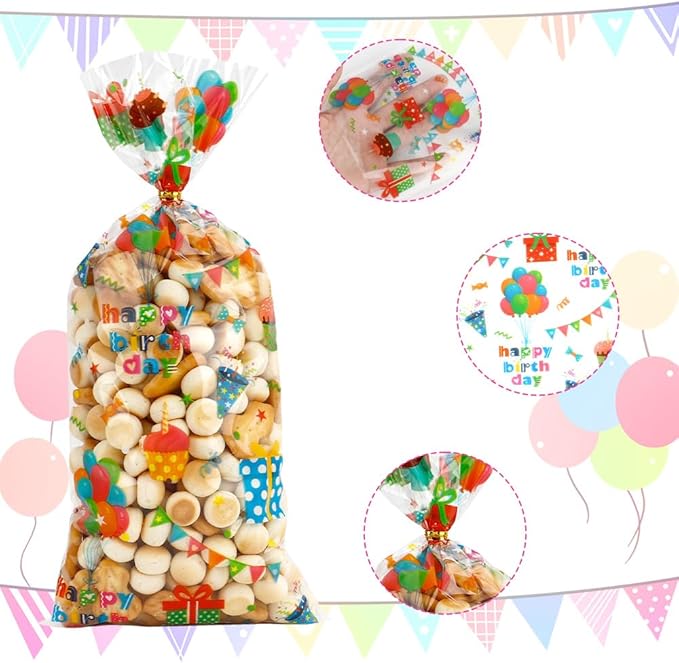 100 PCS Happy Birthday Cellophane Treat Bags(5.1x10.6 Inch) with Ties Colorful Plastic Goodie Candy Cookie Goody Loot Gifts Bags Bulk Pouches for Birthday Party Favors Supplies Decorations for Kids