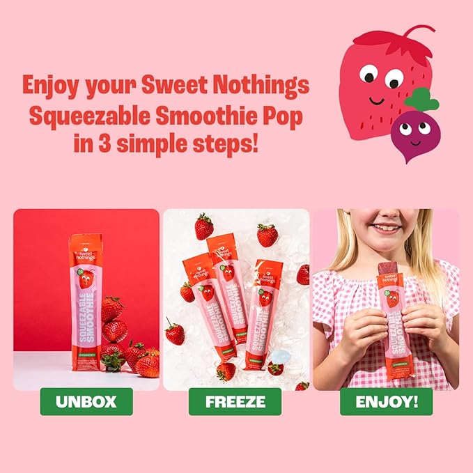 Sweet Nothings, Strawberry, USDA Organic Kids' Squeezable Fruit Smoothie Popsicle Pops, Value Pack of 24 - Dye-Free, No Added Sugar, Dairy-Free, Vegan, Organic Fruit and Veggie Pops, Freeze & Enjoy