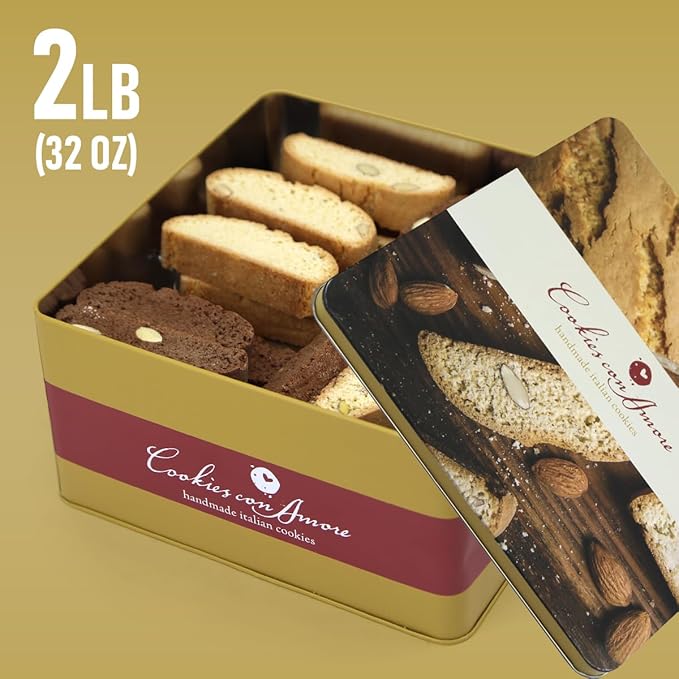 Italian Biscotti Cookie Gift Box, 2lb Square Tin of Individually Wrapped Gourmet Biscotti - Authentic Italian Cookies for Gifting, Coffee Pairing, and Elegant Celebrations