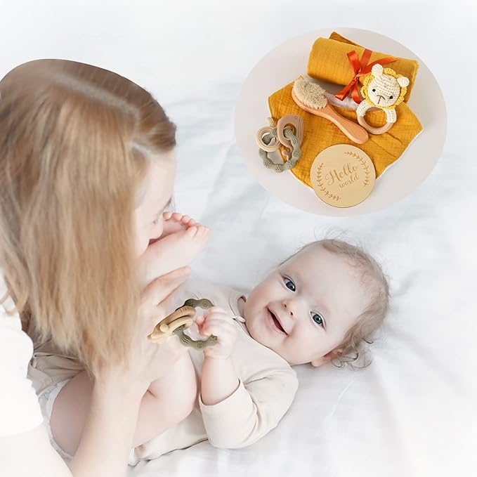 Baby Boy Gift Set New Born Shower Gifts, Baby Essentials Basket Stuffers Baby Bath Set with Muslin Baby Blanket, Teething Toys, Drool Towel, Wood Brush & Rattle, Newborn Welcome Baby Gift Box Set