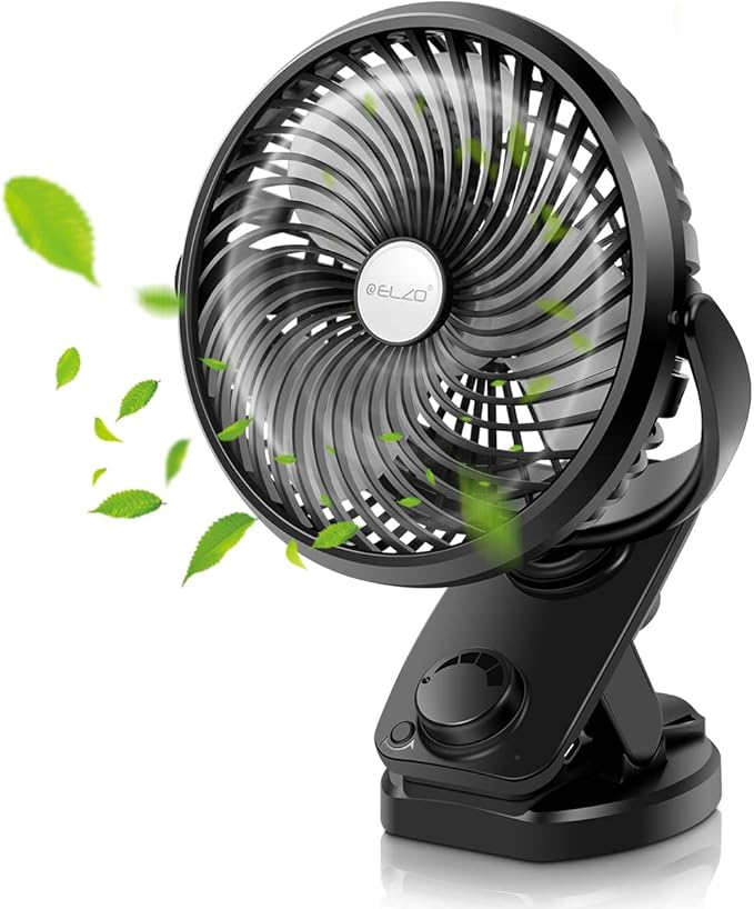 ELZO Clip on Fan, 5000mAh Mini USB Desk Auto Oscillating Small Fan, 360° Rotation Rechargeable Stepless Speed, Super Quiet Portable Fan for Office Stroller Car Camping Travel, Black