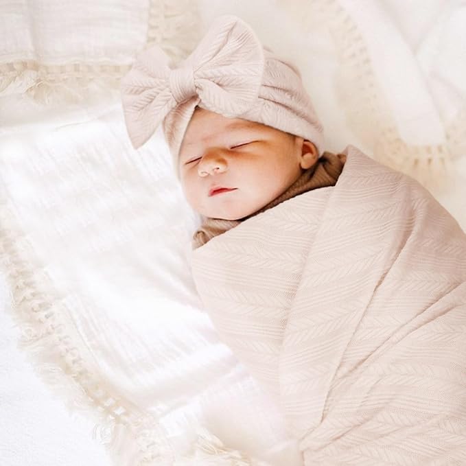 Newborn Receiving Blanket with Bow Hat Mittens Wooden Card Set Wheat-Pattern Newborns Toddler Baby Boy Girl Nursery Swaddle Wrap