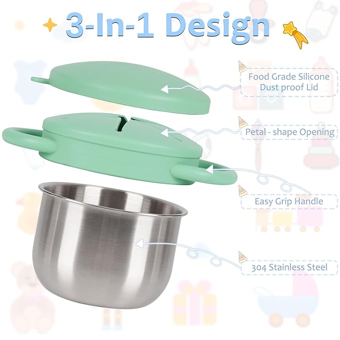 2 Pack 304 Stainless Steel Snack Cups for Toddlers, Toddler Snack Containers with Spill-Proof Silicone Travel Lid & Handle, Dishwasher Safe, Removable Snack Cup for Baby, Toddler, Kids