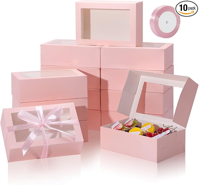 COTOPHER 10Pcs Cookie Boxes with Ribbons, 9x6x3 Inch Bakery Boxes with Window, Pink Treat Containers for Pastries, Chocolate Covered Strawberries, Dessert, Easter Candy, Muffins, Donuts