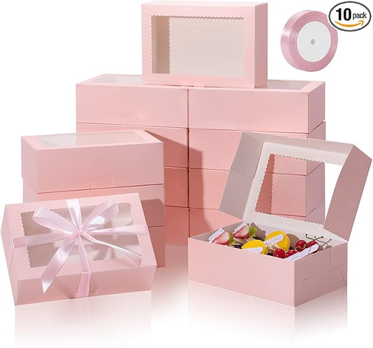 COTOPHER 10Pcs Cookie Boxes with Ribbons, 9x6x3 Inch Bakery Boxes with Window, Pink Treat Containers for Pastries, Chocolate Covered Strawberries, Dessert, Easter Candy, Muffins, Donuts