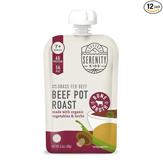 Serenity Kids 7+ Months Beef Pot Roast Bone Broth Puree Baby Food Pouches - BPA-Free Toddler Pouch w/Grass Fed Beef & Organic Veggies - Clean Label Project Purity Award Certified - 3.5 Oz, 12 Pack