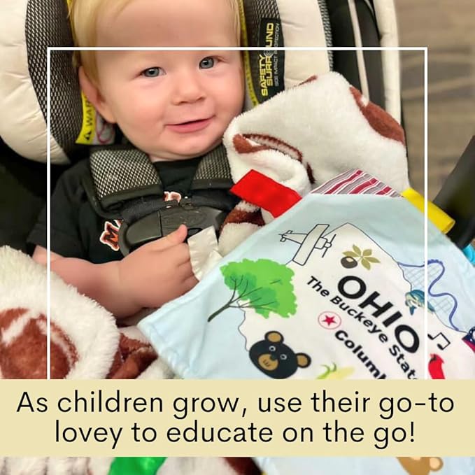 Baby Jack & Co 8x8” Learning Lovey Ohio State Tag Stroller Toy for Babies - Crinkle Toys for Developing Five Senses - Learn About Capitals - Travel with Baby Jack - BPA Free Clip