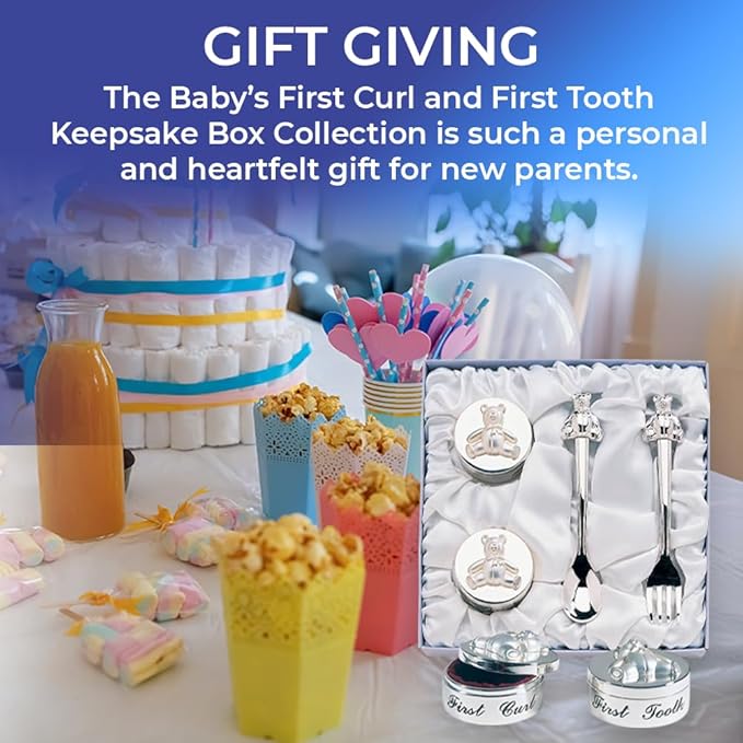 Baby’s First Curl and First Tooth Keepsake Box Collection | Adorable Teddy Bear Designs | Charming Gift | Satin-Lined White Gift Box | 6” Square