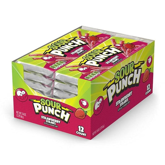 Sour Punch Straws, Sweet & Sour Strawberry Fruit Flavor, Chewy Candy, 4.5oz Tray (12 Pack)