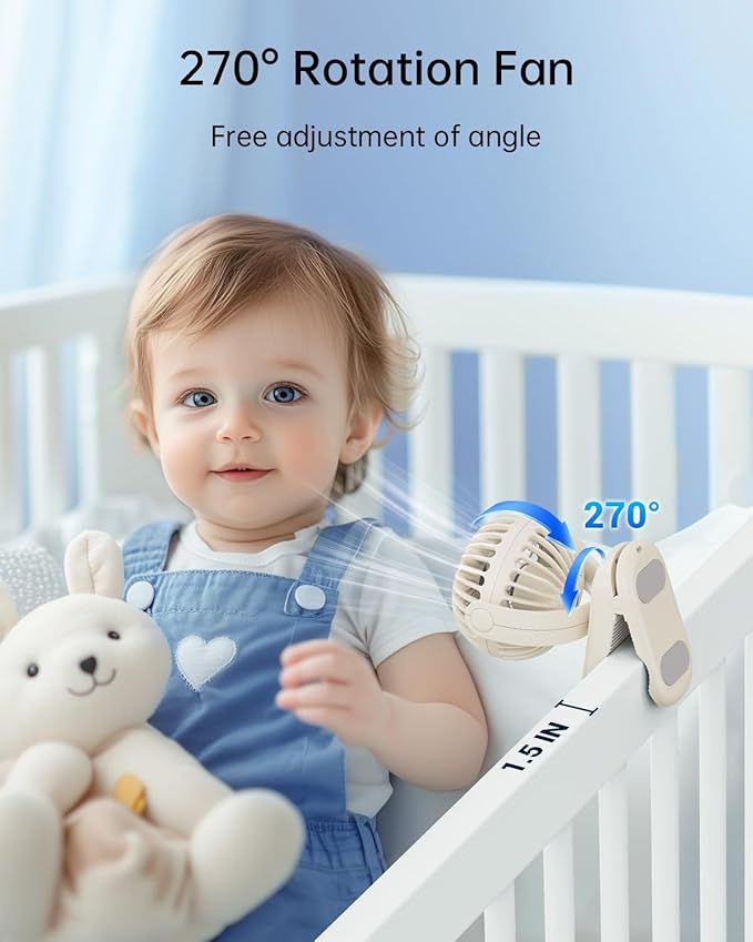 SWEETFULL Mini Clip on Fan - Portable Rechargeable Personal Fan with Strong Clamp, 3 Speeds, 11Hrs Cooling, Cute Small Desk Cooler for Stroller Bed Pet Carriers Umbrell Travel Outdoor - Beige
