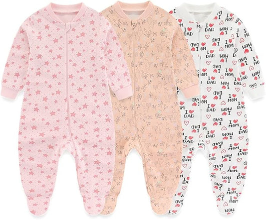Newborn Baby 2-way Zipper Romper Cotton One-piece Jumsuit 3-pack, 0-24 Months