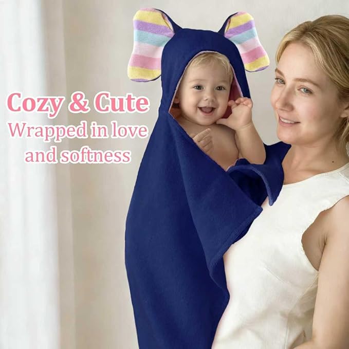 VOOVA & MOVAS Thick Baby Hooded Bath Towel - 100% Cotton,500GSM, 33x31.5 Inches,0-2Years, Super Absorbent Large Towel with Cute Elephant Ears Hood for Newborn, Baby, Infant, Baby Essentials,Navy