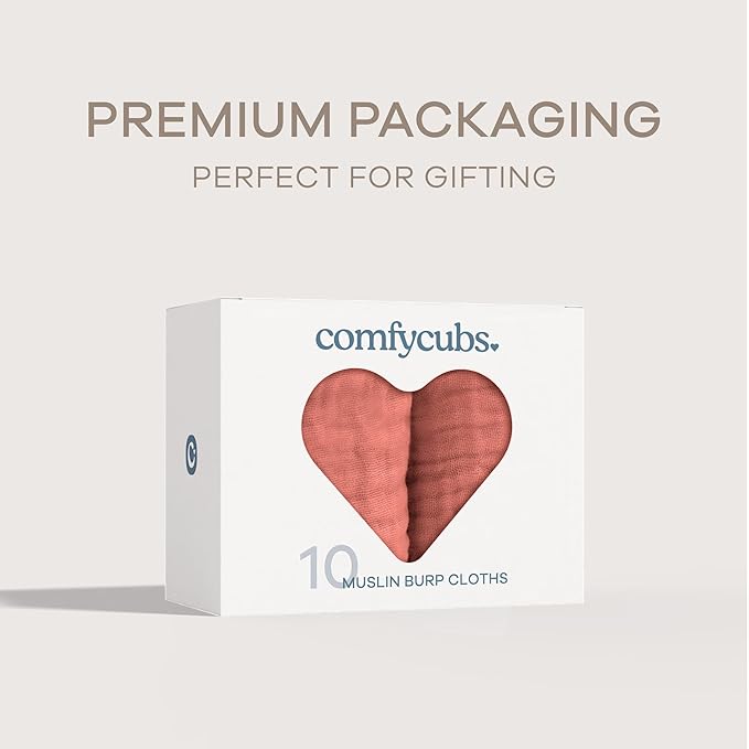 Comfy Cubs Muslin Burp Cloths 20" x 10", Pack of 10 - Large, 6-Layer, Ultra Absorbent 100% Cotton for Baby Drool and Messes - Soft, Safe & Gentle Baby Burp Cloths for Boys & Girls - Dusty Rose