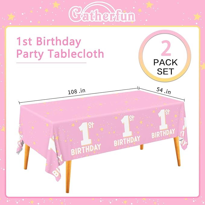 Gatherfun Baby Girl Party Supplies Set: 1st Birthday Decorations, Includes 2-Pack Baby Girl-Themed Tablecloths for First Birthday Decorations, Disposable Table Covers 54 x 108 Inch
