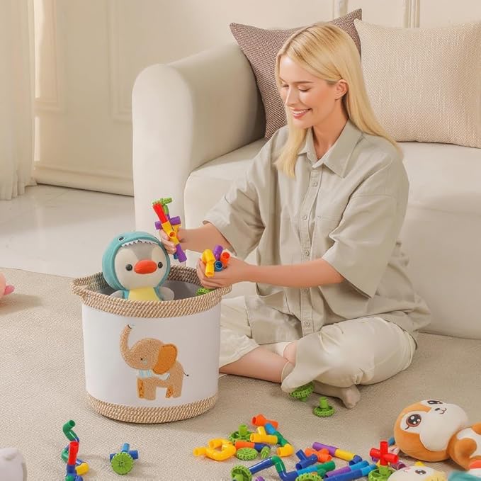 Baby Toy Basket Blanket Baskets Laundry Hamper Cute Elephant Nursery Organization Bins with Handle, Woven Cotton Rope Nursery Storage Basket For Girls Boys Kids Baby Shower Gifts Baskets