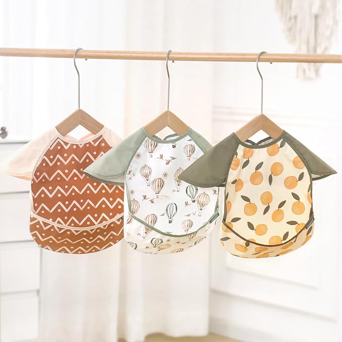 GRSSDER 3-pack Mess Proof Baby Feeding Bibs with Food Catcher Pocket, Soft Lightweight Waterproof Fabric Material with Zero Plastic-like Feel, Adjustable and Easy Clean Toddler Bibs for 6-36 Months