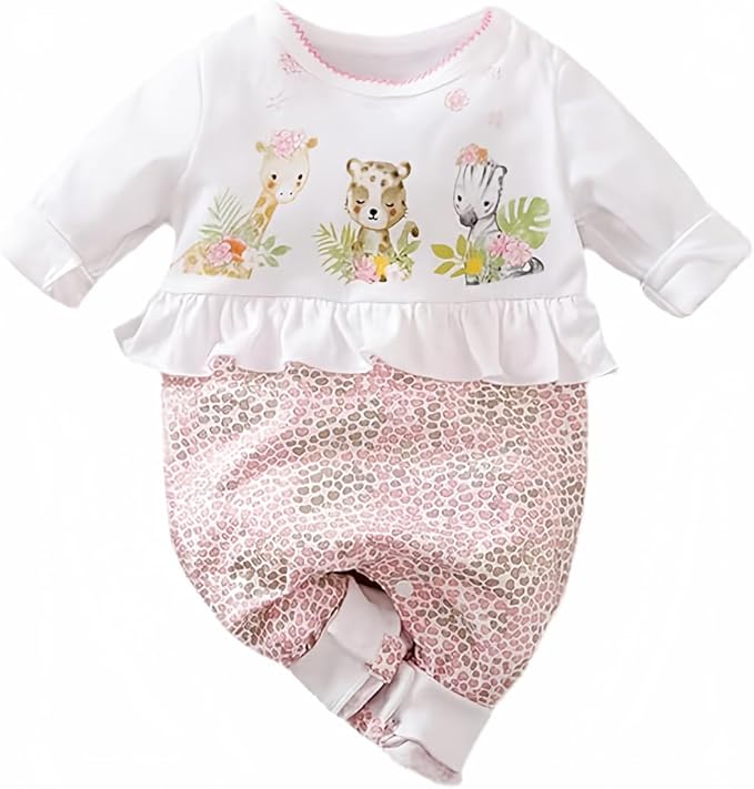 Cute Giraffe + Zebra With Floral Print Long Sleeve Baby Girl Clothes White Jumpsuit For Baby One-Piece Romper
