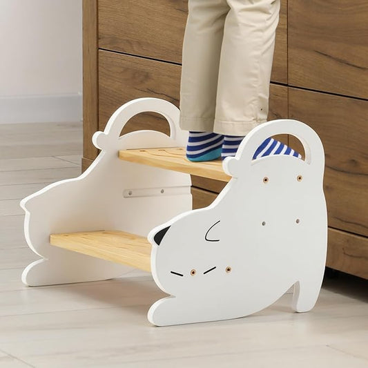 COSYLAND Wooden Kids Step Stool Holds Up to 220 Lbs - Adjustable Height 2 Step Stools for Toddlers - Easy to Clean Bathroom Stepping Stool with Non-Slip Surface and Carry Handle (Natural & White)