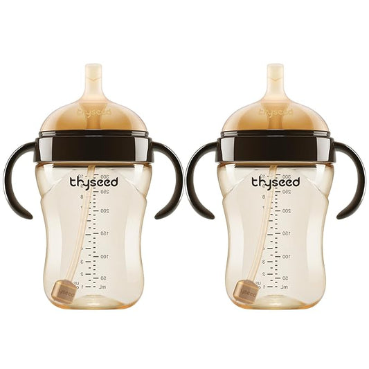 Thyseed PPSU Weighted Straw Cup with Handles Toddlers Transition Bottles to Sippy Cups No Spill Learner Milk Water Baby Bottle Soft Silicone Spout Dishwasher Safe BPA Free 6+ Months 10oz/300mL 2 Pack