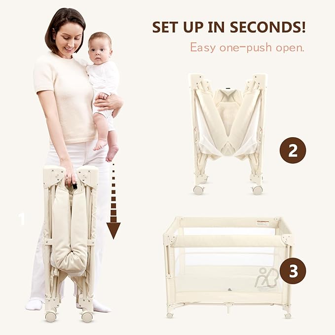 ANGELBLISS Baby Bassinet Bedside Crib, Pack and Play with Mattress, Diaper Changer, One-Push Setup Playards from Infants to Toddlers (Beige)