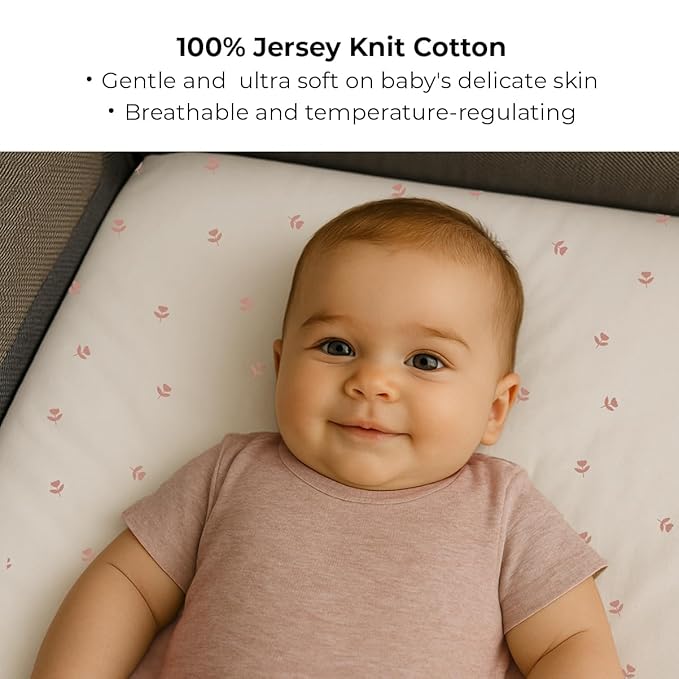 Ely’s & Co. Pack and Play Sheets, for Mini/Portable Crib, 2 Pack Fitted Playpen Play Yard Sheet Set Compatible with Graco Pack n Play, for Baby Girls, 100% Cotton, Pink Tulips and Stripes, 38”x24”x5”