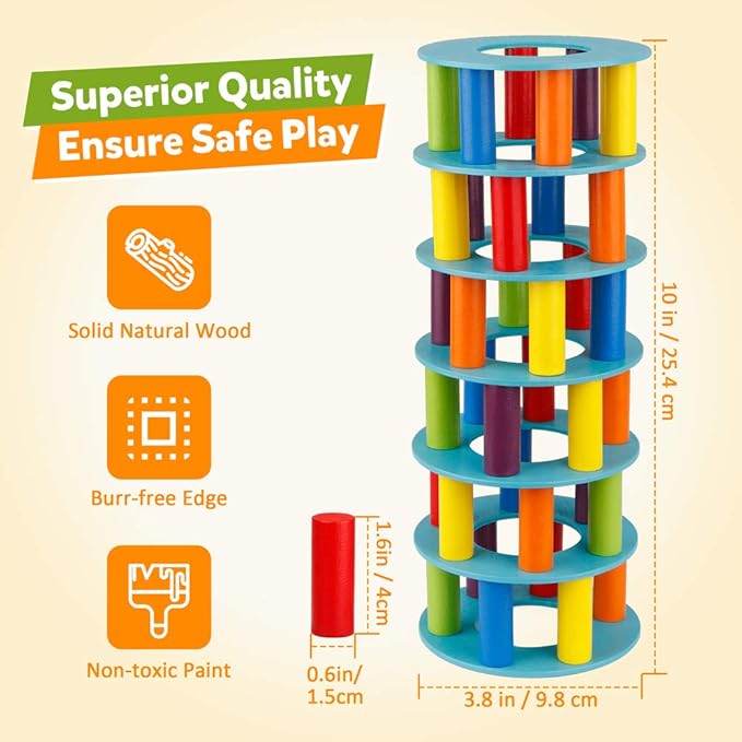 Coogam Wooden Tower Stacking Game, Fine Motor Skill Montessori Building Blocks with Dice Toppling Leaning Tower Toy Party Family Games for Kids and Adults
