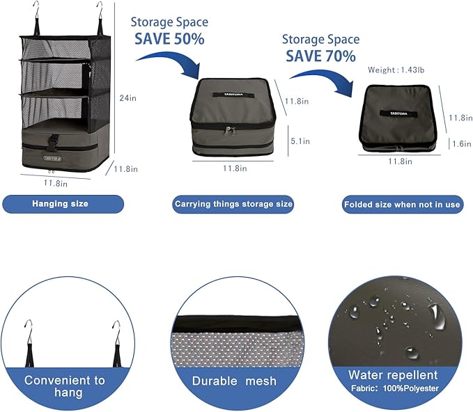 TABITORA Portable Hanging Travel Shelves Bag Packing Cube Organizer Suitcase Storage Large Capacity (Taupe L)