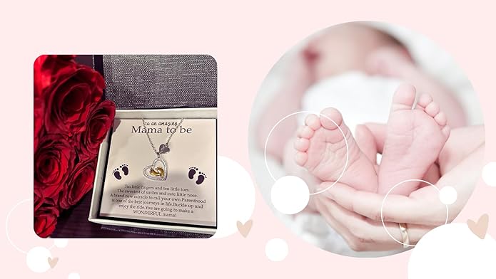 Pregnancy Necklace Gift for Mom to Be, First time Mom, Maternity Keepsake, Pregnant Wife, Baby Shower Keepsake for Expecting Mother, Baby Feet Heart Pendant with Message Card