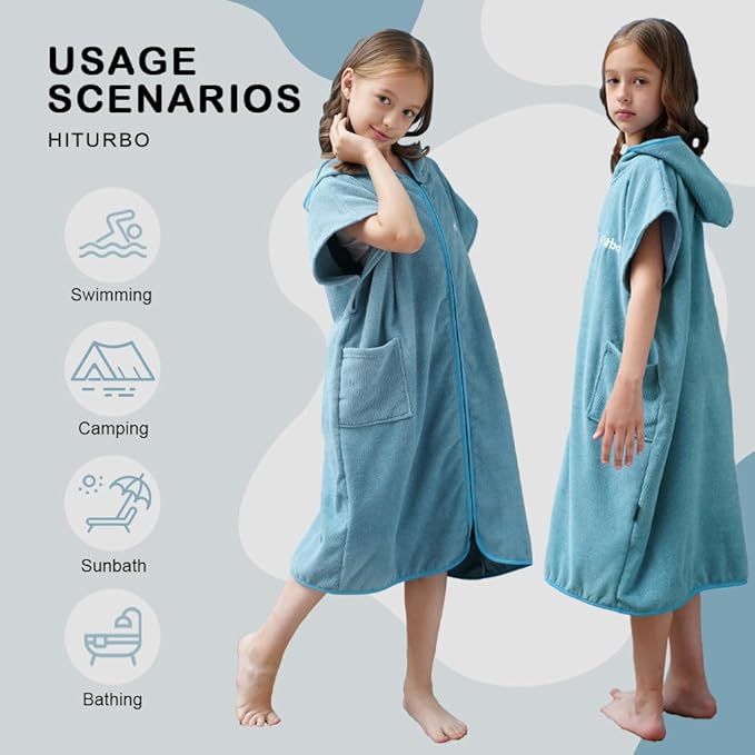 Hiturbo Kids Bath Towel Hoodie: Absorbent Quick Dry Zipper Surf Poncho - Changing Towels Swimming Outerwear (Blue)
