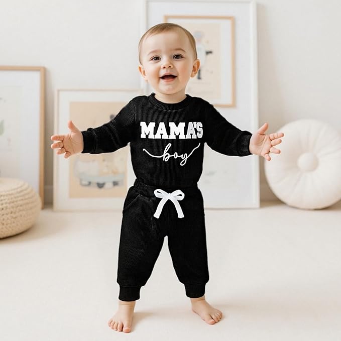 Kupretty Baby Boy Clothes 3 6 12 18 Months Fall Winter Outfit Mama's Boy Embroidery Waffle Long Sleeve Romper Pants Set