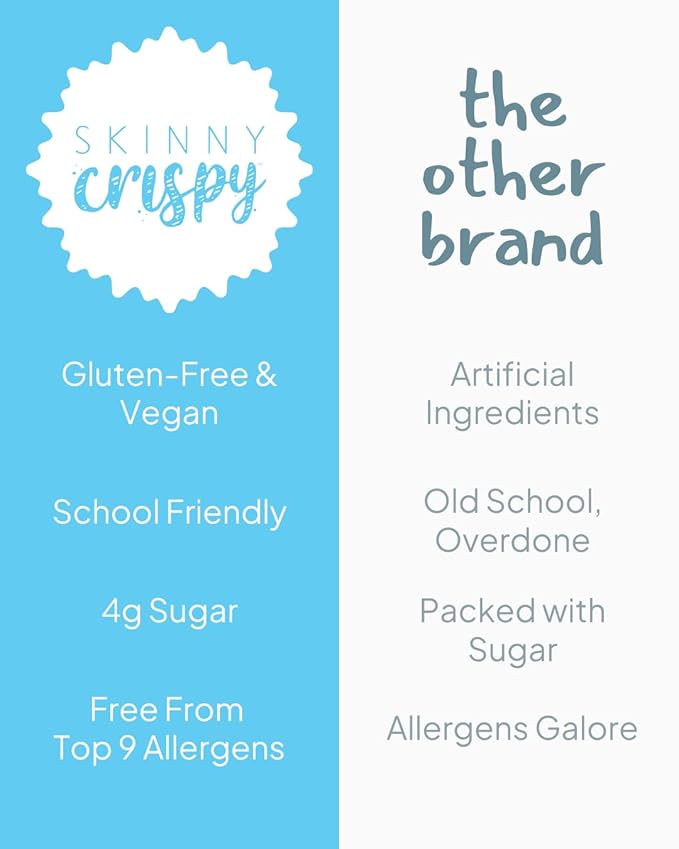 Skinny Crispy Original Vanilla Rice Treats – Low Sugar (4g), Vegan, Gluten-Free, Dairy-Free, Non-GMO, Top 9 Allergen-Free, Healthy Snack Bars, 10 Count